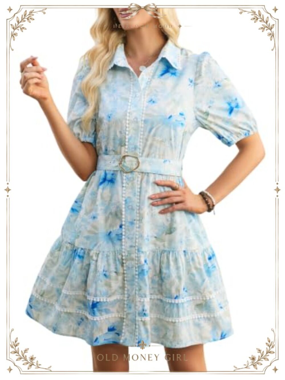 Floral Puff Sleeve Belted Mini Shirt Dress Cotton Summer
